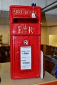 A METAL RED MAIL BOX INCLUDING TWO BRASS KEYS, can be wall mounted, removable collection