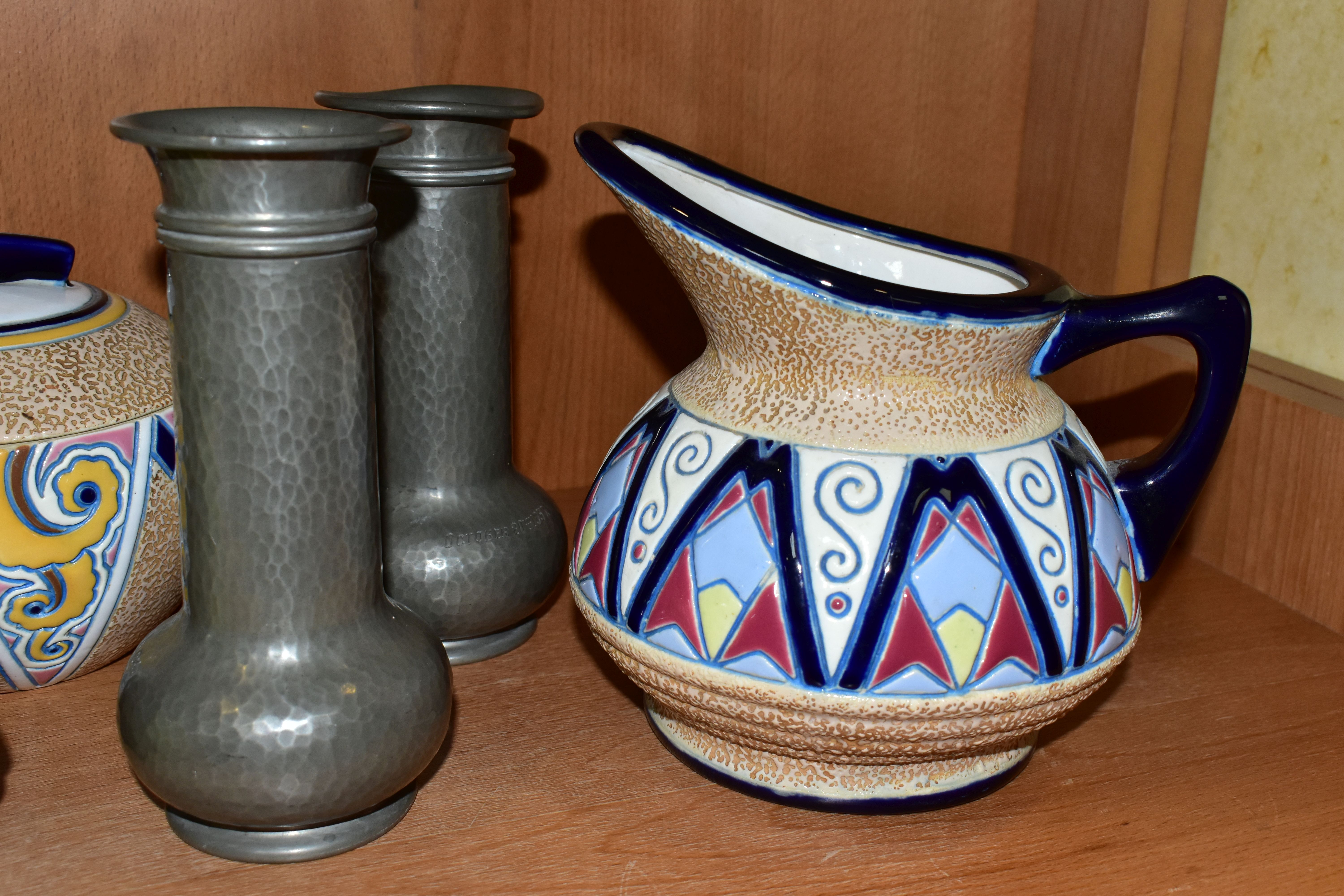 A PAIR OF LIBERTY & CO TUDRIC PEWTER VASES AND A GROUP OF CERAMICS, the Tudric vases of bulbous form - Image 2 of 12