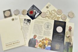 A SMALL BOX CONTAINING A ROYAL MINT CHARLES PRINCE OF WALES Sixtieth Birthday Five Pounds