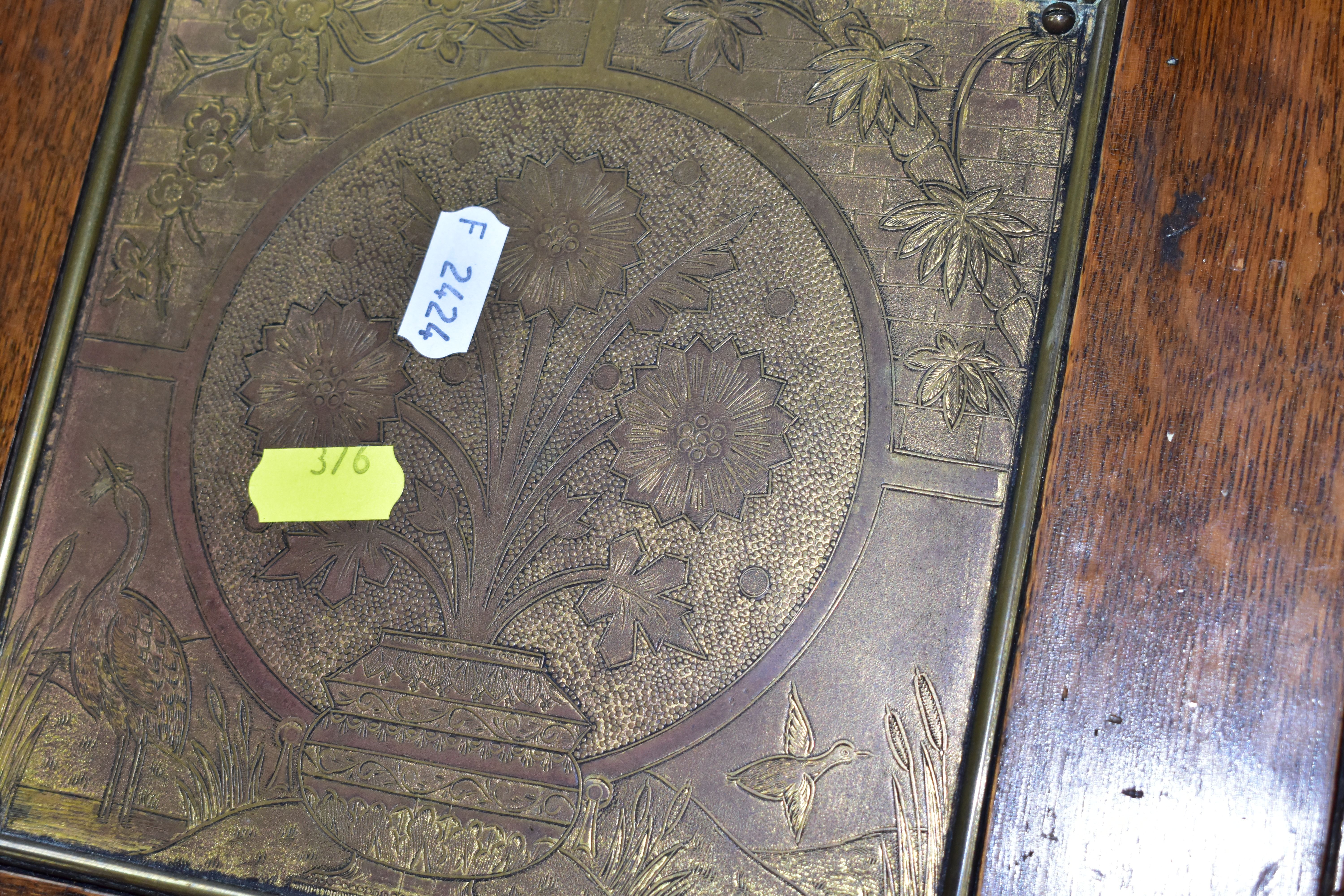 A VICTORIAN COAL PURDONIUM WITH TIN LINER AND SHOVEL, with an applied brass panel decorated with - Image 6 of 7