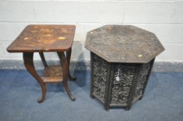 AN ANGLO INDIAN CARVED HARDWOOD OCTAGONAL FOLDING OCCASIONAL TABLE, with open fretwork detail,