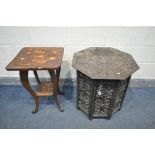 AN ANGLO INDIAN CARVED HARDWOOD OCTAGONAL FOLDING OCCASIONAL TABLE, with open fretwork detail,
