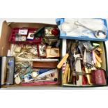 A BOX OF ASSORTED ITEMS, to include a silver serving spoon, hallmarked London 1806, approximate