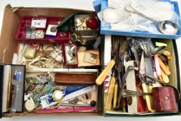 A BOX OF ASSORTED ITEMS, to include a silver serving spoon, hallmarked London 1806, approximate