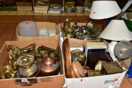 FOUR BOXES AND LOOSE METALWARES, LAMPS AND SUNDRIES ETC, to include a brass model of a horse and