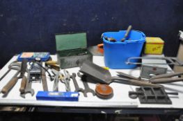 A COLLECTION OF VINTAGE TOOLS to include a bucket of large spanners, two pairs of loppers/shears,