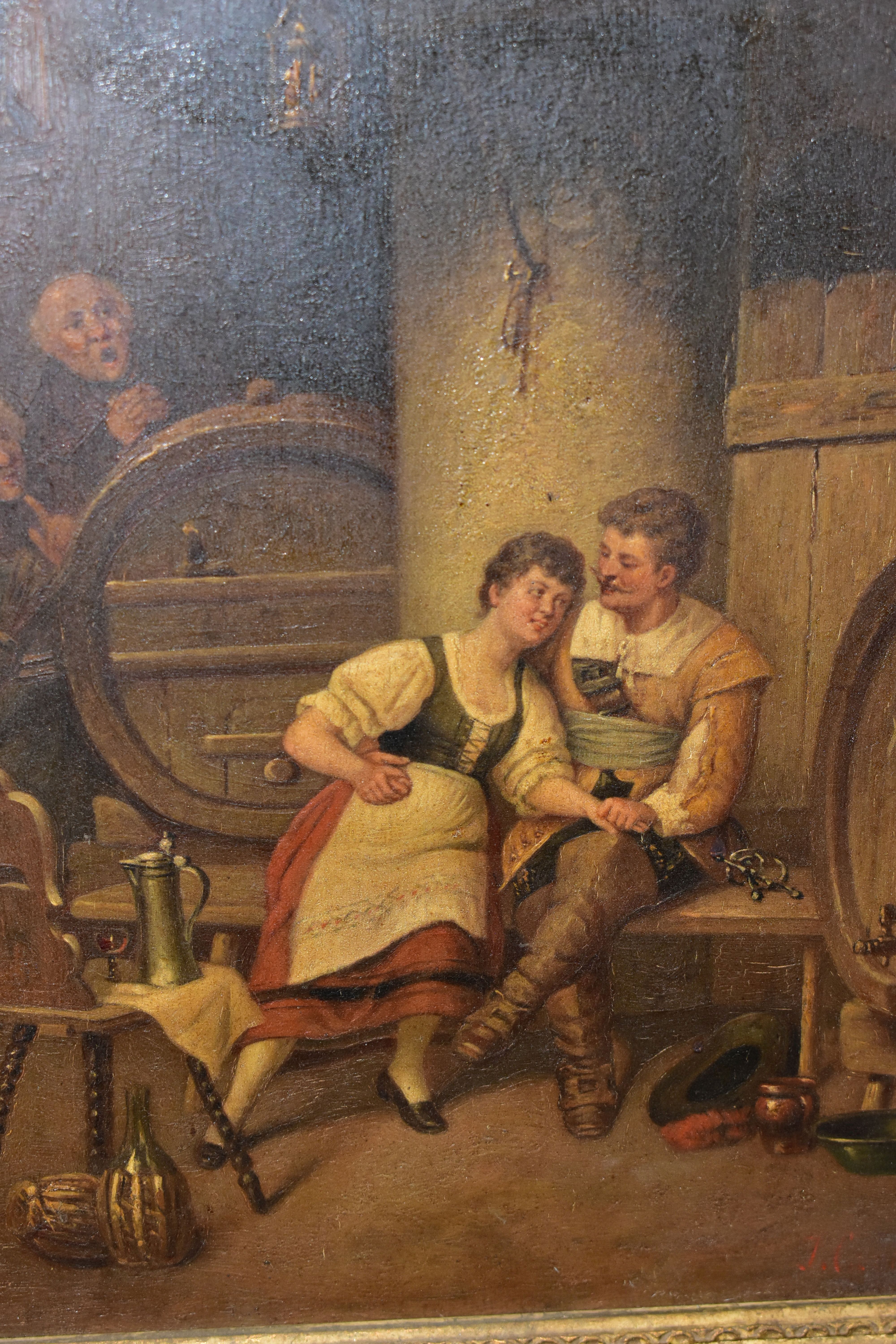 A LATE 19TH / EARLY 20TH CENTURY TAVERN SCENE, depicting a courting couple seated beside barrels, - Image 2 of 4