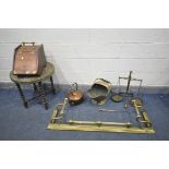 A VICTORIAN BRASS FENDER, length 134cm, a brass balance scale, a brass coal scuttle, a copper