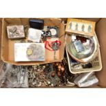 A BOX OF ASSORTED COSTUME JEWELLERY AND ITEMS, to include a small basket tray of collectable