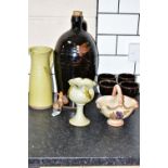 A GROUP OF STUDIO POTTERY, to include a brown glazed cider flagon, height 44cm, with four matching