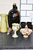 A GROUP OF STUDIO POTTERY, to include a brown glazed cider flagon, height 44cm, with four matching