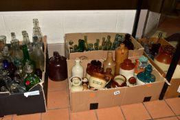 FOUR BOXES OF STONEWARE SALT GLAZED JARS AND ANTIQUE/VINTAGE GLASS BOTTLES, to include salt glazed