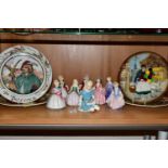A GROUP OF ROYAL DOULTON FIGURINES AND PLATES, comprising Alice HN2158, The Rag Doll HN2142, Valerie