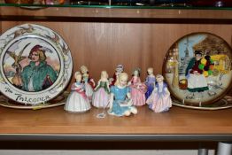 A GROUP OF ROYAL DOULTON FIGURINES AND PLATES, comprising Alice HN2158, The Rag Doll HN2142, Valerie