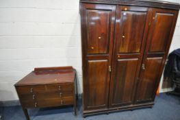 AN EDWARDIAN WALNUT BEDROOM SUITE, comprising a triple door wardrobe, width 150cm x depth 53cm x