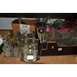 THREE BOXES AND LOOSE GLASS WARES, mainly pressed glass to include two cruet sets on plated