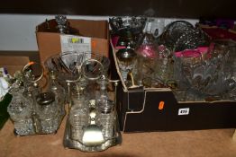 THREE BOXES AND LOOSE GLASS WARES, mainly pressed glass to include two cruet sets on plated