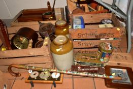 FOUR CRATES OF VINTAGE TINS AND TREEN, to include two vintage Schweppes wooden crates, two large