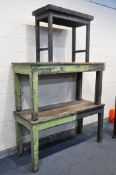 THREE VINTAGE WOODEN WORKBENCHES comprising two workbenches measuring width 160cm x depth 64cm x