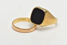 TWO YELLOW METAL RINGS, to include a plain polished wedding band, personally engraved '3.2.1955',