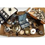 A BOX OF ASSORTED WHITE METAL WARE, to include various EPNS tankards, teapots, milk and cream