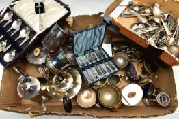 A BOX OF ASSORTED WHITE METAL WARE, to include various EPNS tankards, teapots, milk and cream