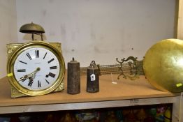 A COMTOISE CLOCK, PENDULUM AND WEIGHTS, the white enamel dial with black Roman numerals and