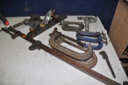A BOX OF VINTAGE TOOLS to include five Record g-clamps three No4, two No8 and two unbranded No 4,
