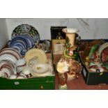 FIVE BOXES AND LOOSE CERAMICS AND GLASSWARES, to include a large vase with modelled dragons height