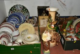 FIVE BOXES AND LOOSE CERAMICS AND GLASSWARES, to include a large vase with modelled dragons height