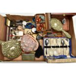 A BOX OF ASSORTED COSTUME JEWELLERY, to include a worn plated 'Swiss made, Specially examined'