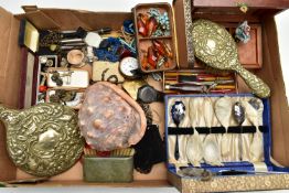 A BOX OF ASSORTED COSTUME JEWELLERY, to include a worn plated 'Swiss made, Specially examined'