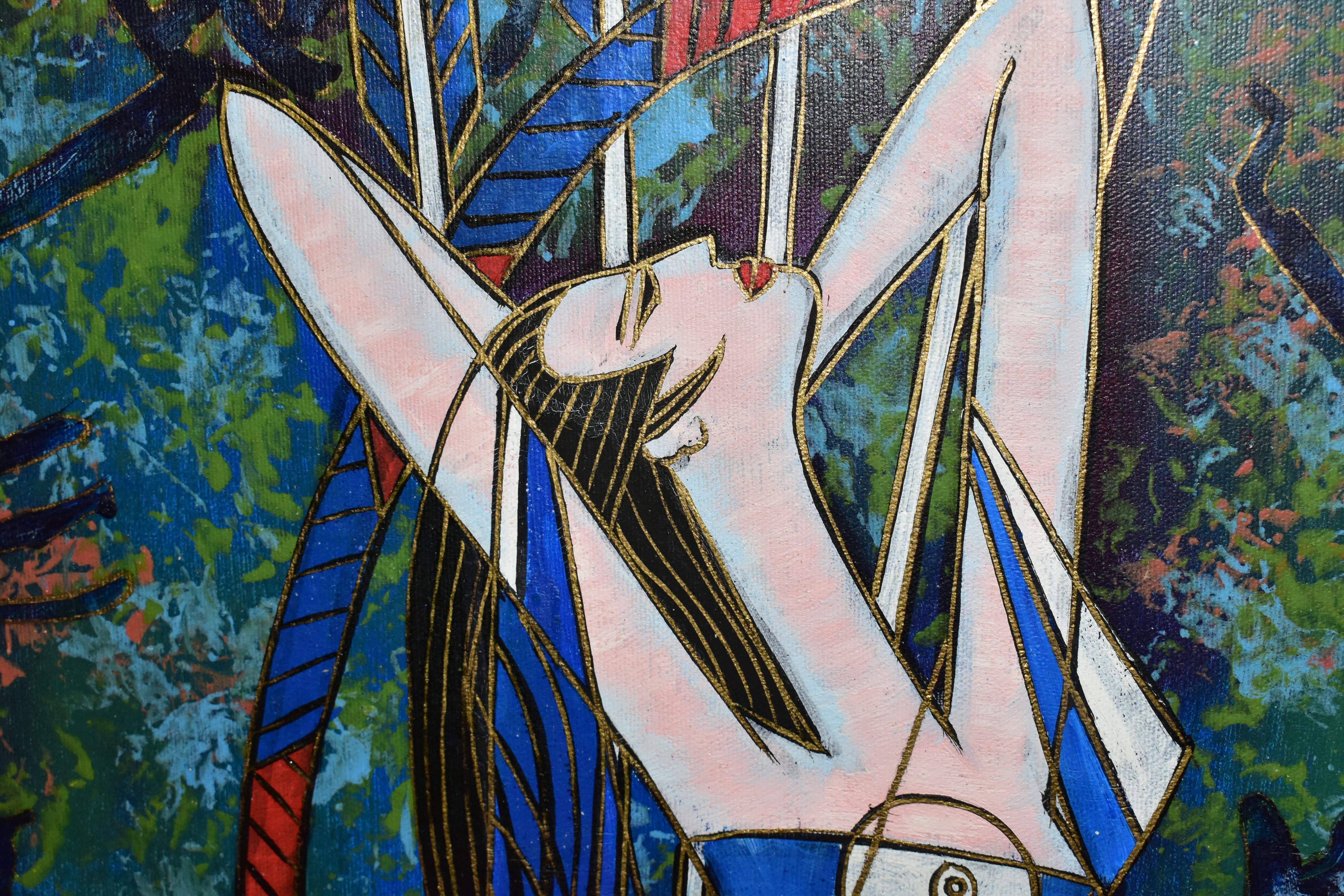 M.LOTT, (CONTEMPORARY) A STYLISED DEPICTION OF A FEMALE FIGURE SURROUNDED BY STYLISED HIEROGLYPHS, - Image 3 of 8