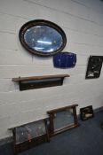 AN OAK FRAMED GYPSY WALL MIRROR, an oval wall mirror, four various other mirrors, wall hooks/