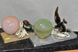 TWO FRENCH ART DECO TABLE LAMPS, one with green glass spherical shade and brass figure of a bird