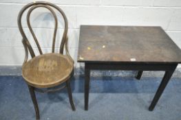 A 20TH CENTURY OAK TABLE, length 77cm x depth 54cm x height 67cm, along with a bentwood chair, (