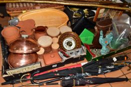 THREE BOXES AND LOOSE METALWARES AND SUNDRY HOMEWARES, to include an Audley handbag, a vintage