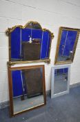 A GILT FRAMED OVERMANTEL MIRROR, 97cm x 86cm, another gilt framed bevelled edge mirror, two other