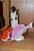 A MINTON GEISHA FIGURINE AND TWO NORITAKE FISH, Geisha MS26 height 25.5cm, with cream ceramic body