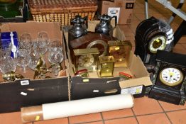 THREE BOXES OF ASSORTED MANTEL CLOCKS AND SUNDRIES, to include two Victorian slate and marble mantel