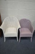 TWO LLOYD LOOM WICKER CHAIRS, one painted purple one painted white (2)
