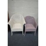 TWO LLOYD LOOM WICKER CHAIRS, one painted purple one painted white (2)