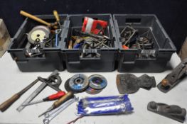 THREE TUBS CONTAINING A LARGE COLLECTION OF VINTAGE TOOLS to include planes, saws, cutting discs,
