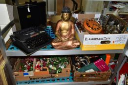 THREE BOXES AND LOOSE TYPEWRITER, METAL WARES, CHRISTMAS DECORATIONS AND SUNDRY HOUSEHOLD ITEMS,