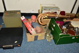 FOUR BOXES AND LOOSE RECORDS, METALWARES, TYPEWRITER, TOYS AND SUNDRY ITEMS, to include