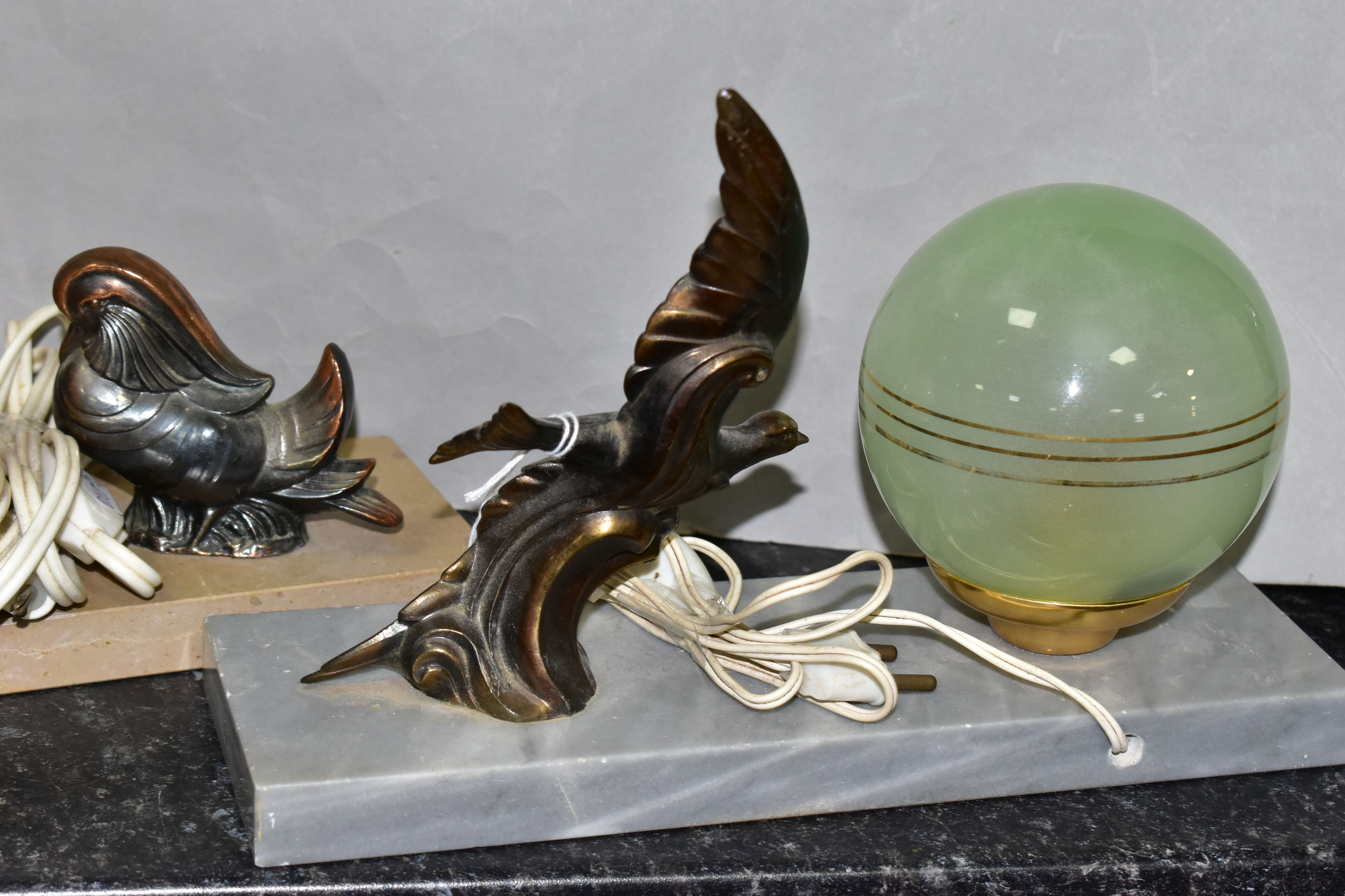 TWO FRENCH ART DECO TABLE LAMPS, one with green glass spherical shade and brass figure of a bird - Image 3 of 5