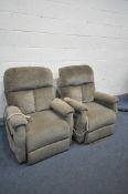 TWO PRIDE UPHOLSTERED ELECTRIC RISE AND RECLINE ARMCHAIRS (PAT pass and working)