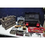 A SELECTION OF VINTAGE TOOLS to include a toolbox containing levels, clamps, screwdrivers, staple