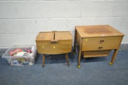 A MID-CENTURY WALNUT SEWING BOX, with a wicker basket, a teak sewing box, and a box of sewing