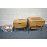 A MID-CENTURY WALNUT SEWING BOX, with a wicker basket, a teak sewing box, and a box of sewing